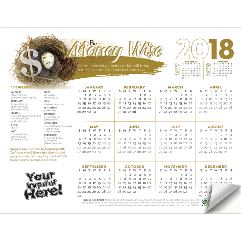 Adhesive Wall Calendar - 2018 Be Money Wise (Financial)