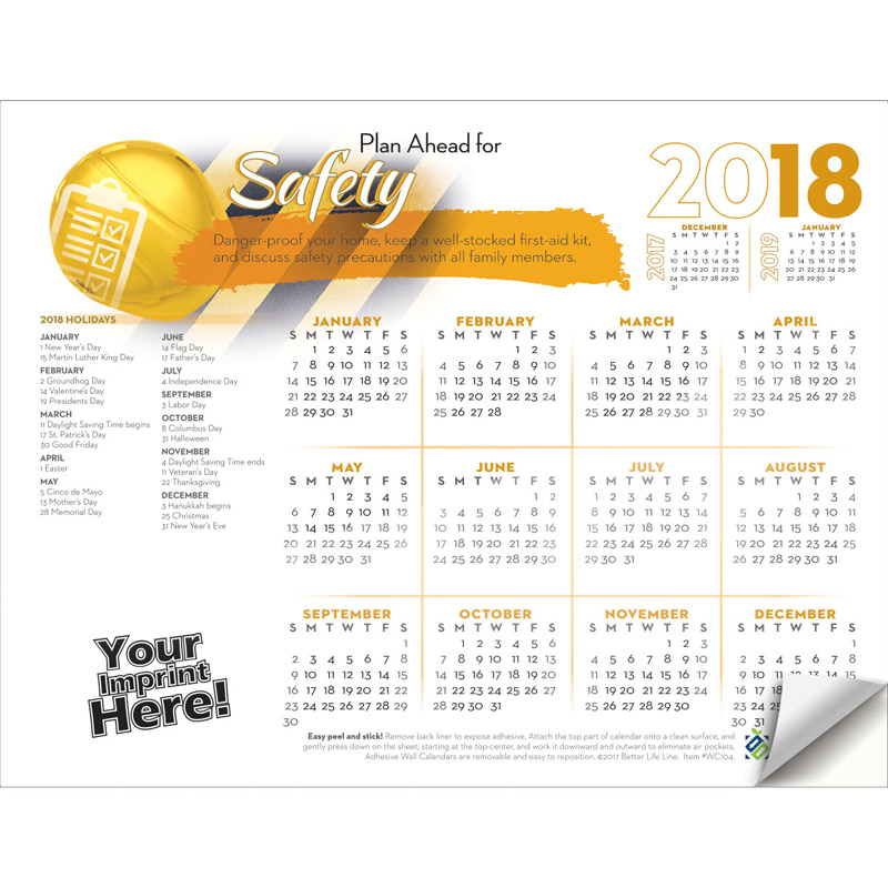 Adhesive Wall Calendar - 2018 Plan Ahead for Safety (Safety Awareness)