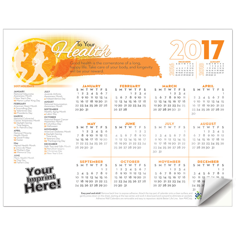 Adhesive Wall Calendar - 2017 To Your Health (Wellness)