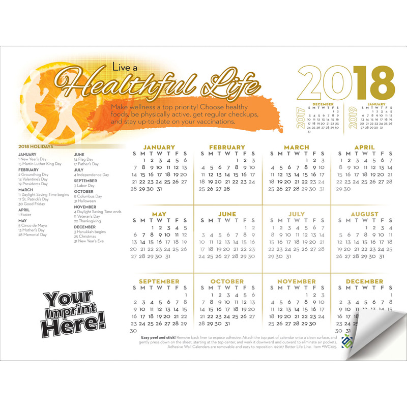 Adhesive Wall Calendar - 2018 Live a Healthful Life (Health & Wellness)