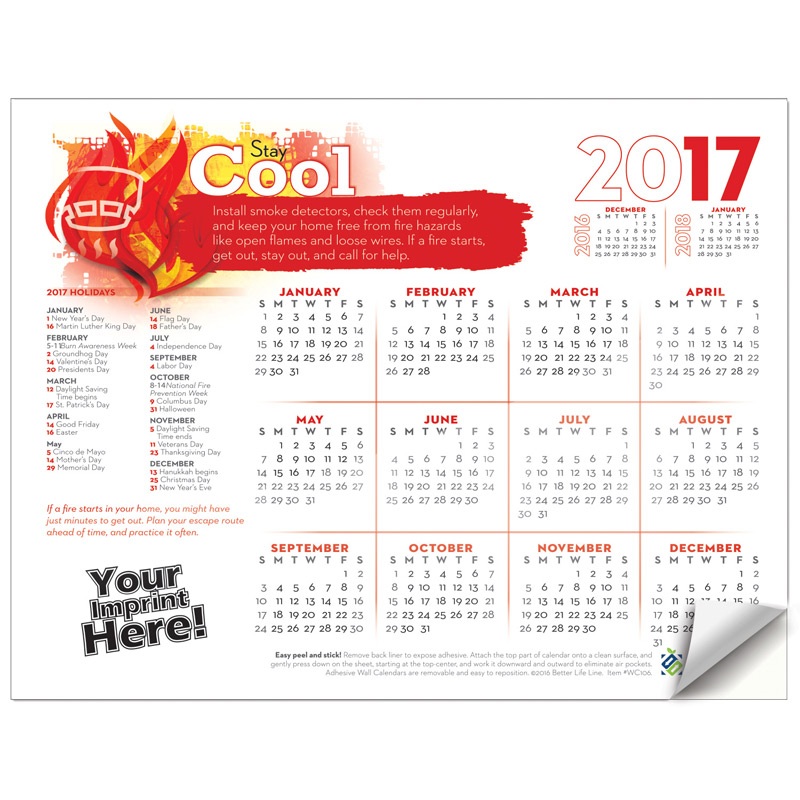 Adhesive Wall Calendar - 2017 Stay Cool (Fire Safety)