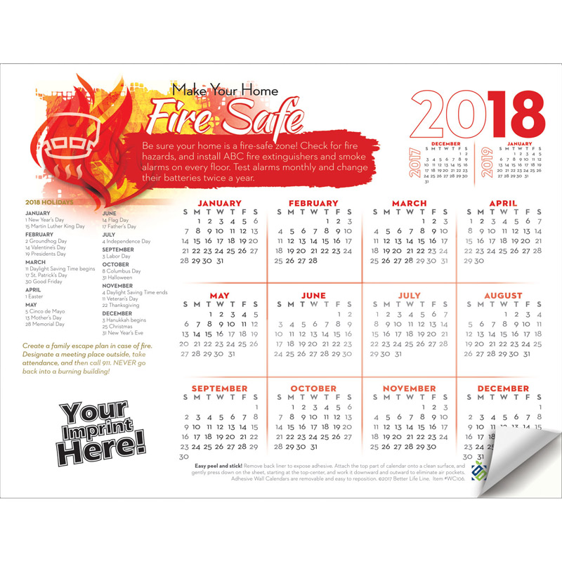 Adhesive Wall Calendar - 2018 Make Your Home Fire Safe (Fire Safety)