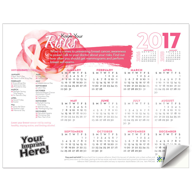 Adhesive Wall Calendar - 2017 Know Your Risks (Breast Cancer Awareness)