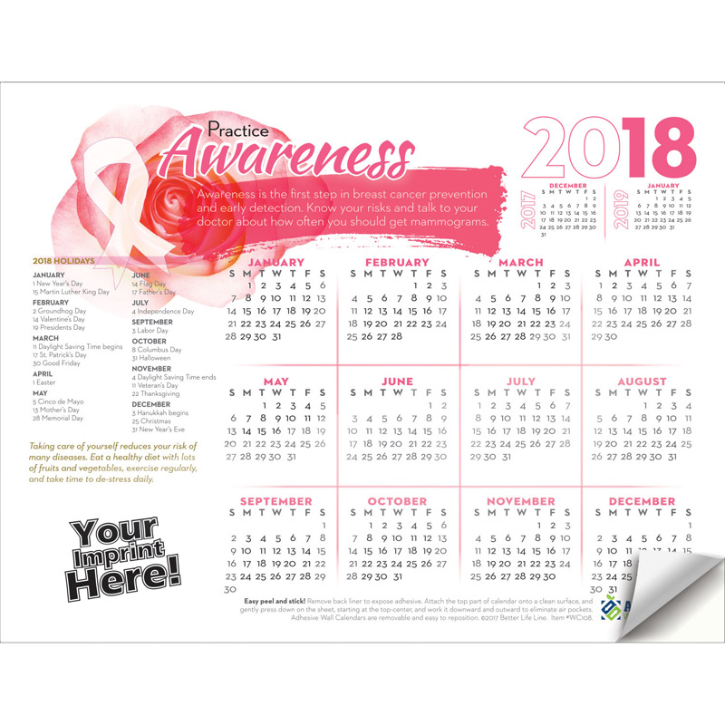 Adhesive Wall Calendar - 2018 Practice Awareness (Breast Cancer Awareness)