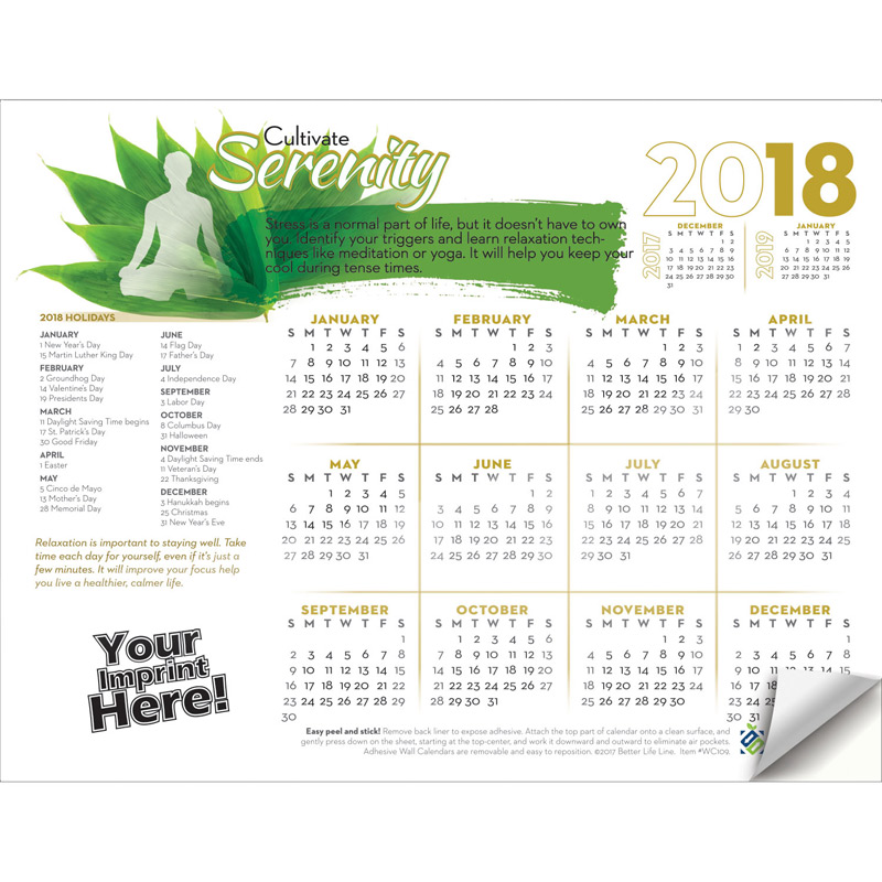 Adhesive Wall Calendar - 2018 Cultivate Serenity (Stress Awareness)