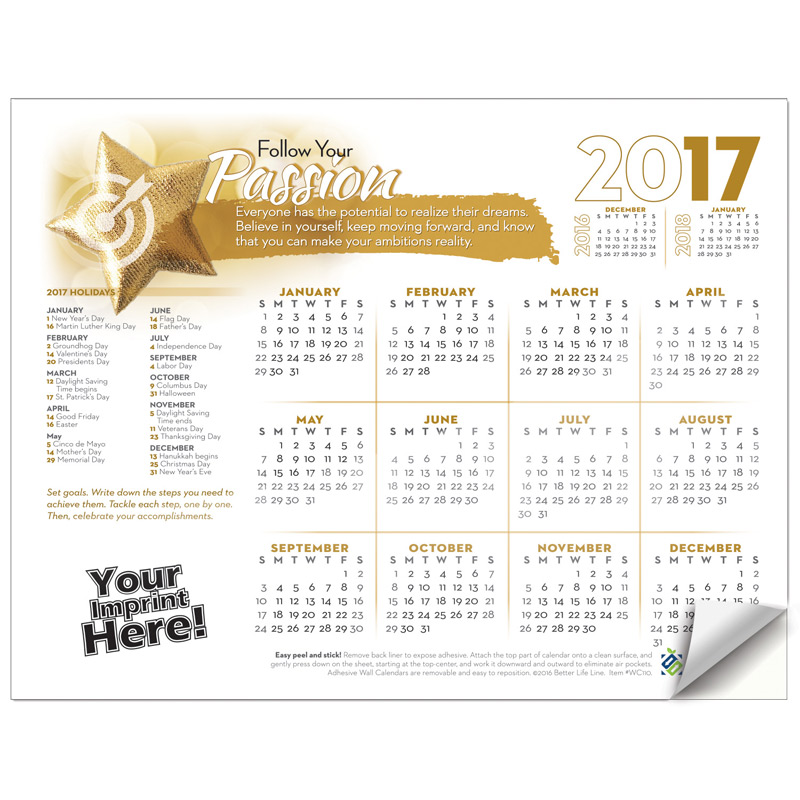 Adhesive Wall Calendar - 2017 Follow Your Passion (Motivational)