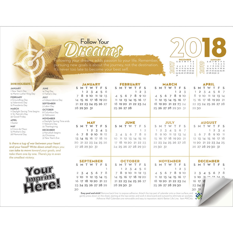 Adhesive Wall Calendar - 2018 Follow Your Dreams (Motivational)